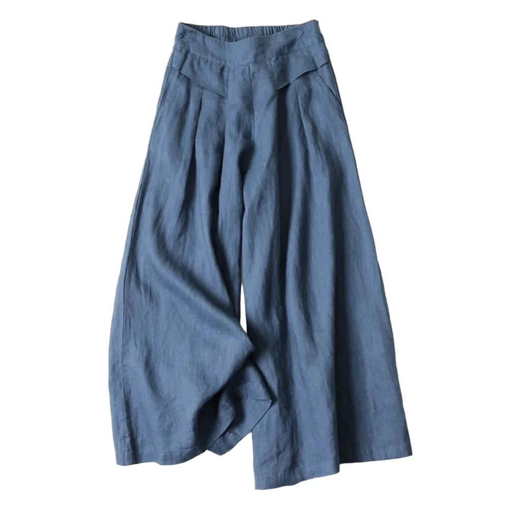 2026 Summer Women's Culottes Cotton Linen Cropped Wide Leg Pants Elastic Waist Casual Palazzo Trousers with Pockets pants